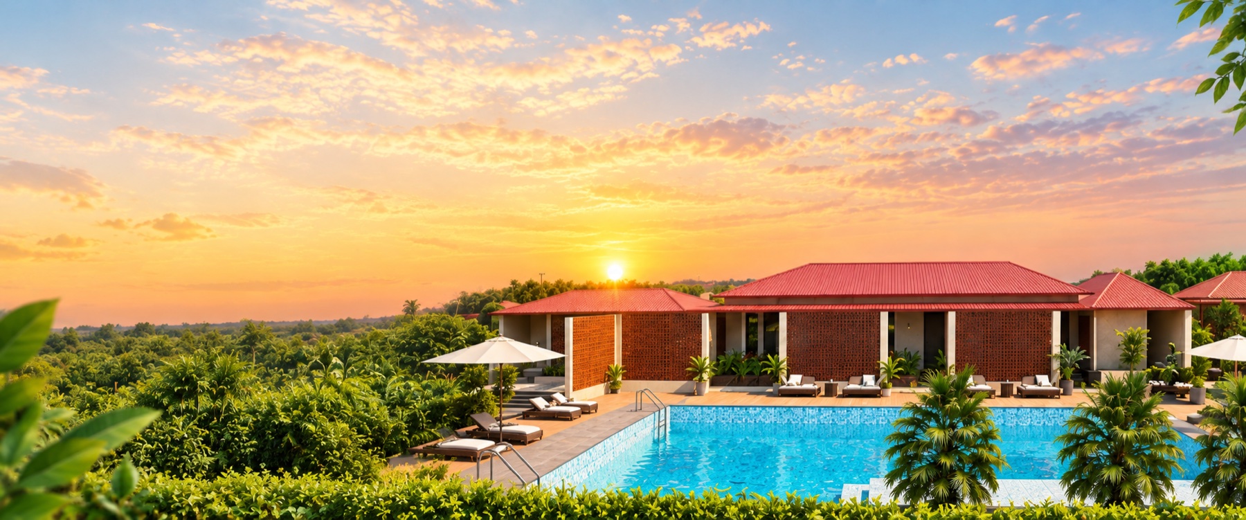 Sunrise Golden Meadows clubhouse and pool at sunset