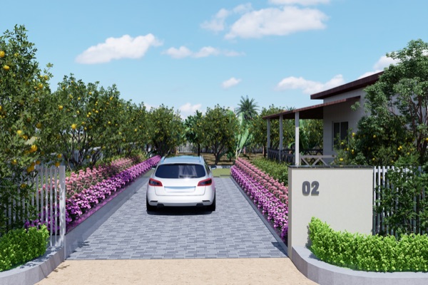 West Facing villa entrance driveway